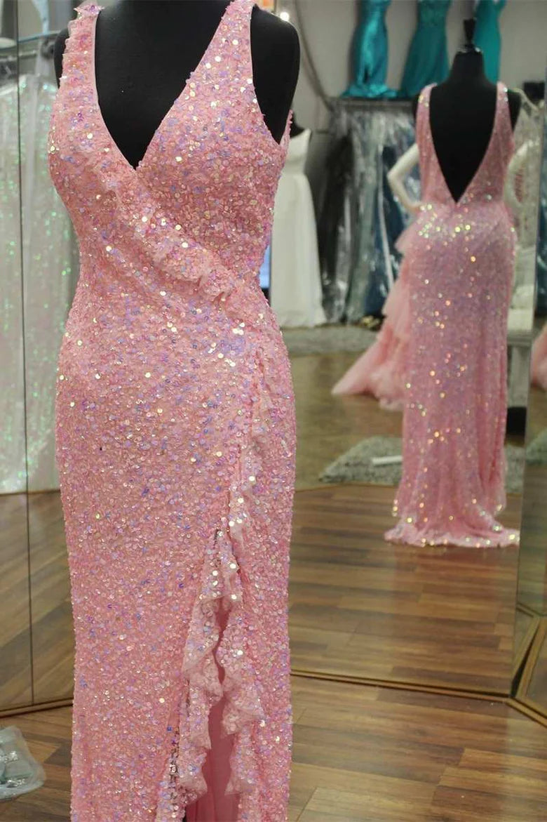 Vestido de fiesta con lentejuelas, escote en V, espalda descubierta y volantes